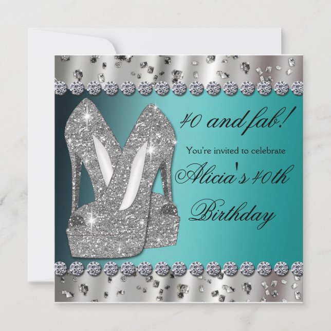 Silver Teal Glitter High Heels Party Invitation (Front)