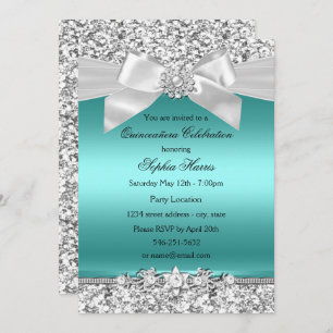 Silver Teal Glitter & Jewel Bow Quinceanera Invitation