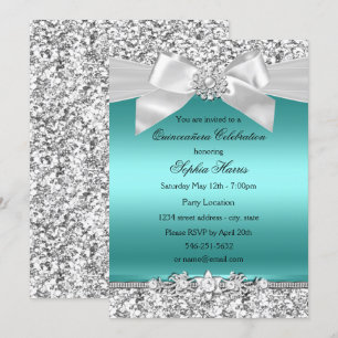 Silver Teal Glitter & Jewel Bow Quinceanera Invitation
