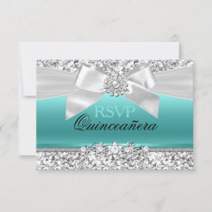 Silver Teal Glitter & Jewel Bow Quinceanera RSVP