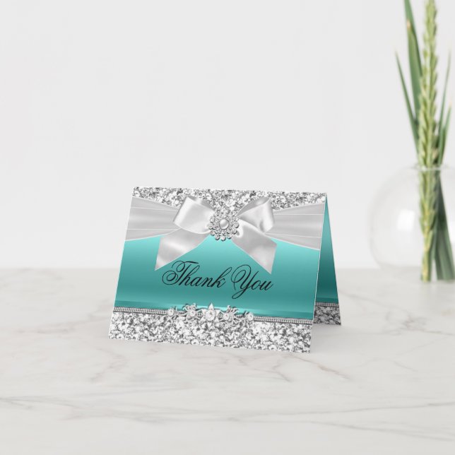 Silver Teal Glitter & Jewel Bow Thank You Card (Front)