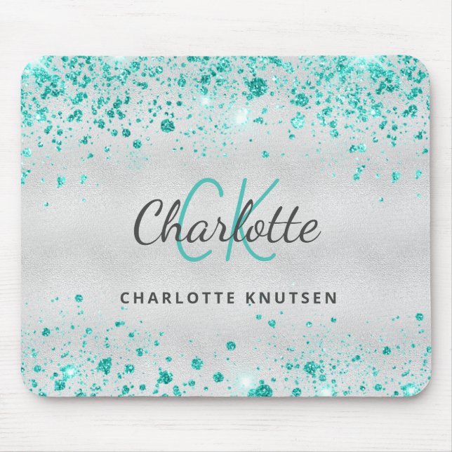 Silver teal glitter sea green monogram metallic mouse mat (Front)