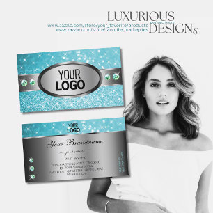 Silver Teal Glitter Sparkle Rhinestones and Logo Business Card