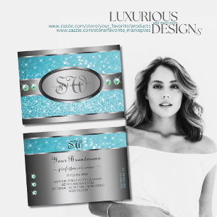 Silver Teal Glitter Sparkle Rhinestones Initials Business Card