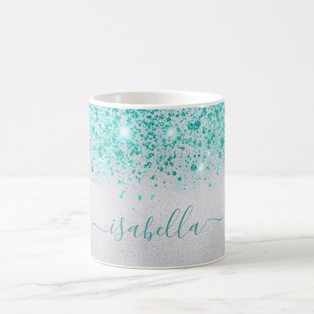 Silver teal glitter sparkles name script coffee mug (Center)