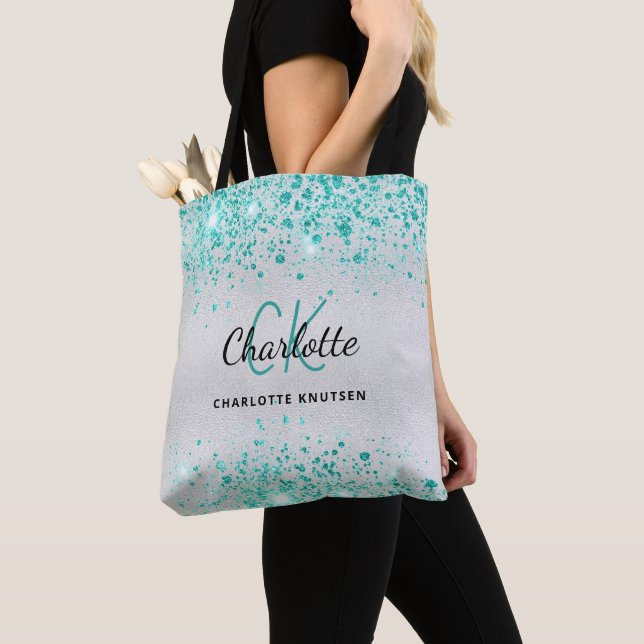 Silver teal green glitter monogram name glamourous tote bag (Close Up)