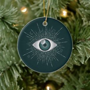 Silver, Teal Green Mystic Aqua Evil Eye Nazar Mati Ceramic Tree Decoration