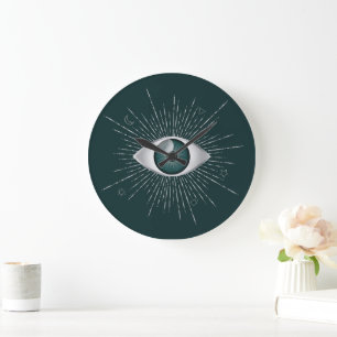 Silver, Teal Green Mystic Aqua Evil Eye Nazar Mati Large Clock