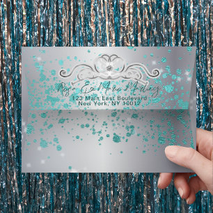 Silver Teal Jewelled Tiara Quinceañera Envelope