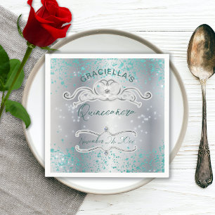 Silver Teal Jewelled Tiara Quinceañera Napkin