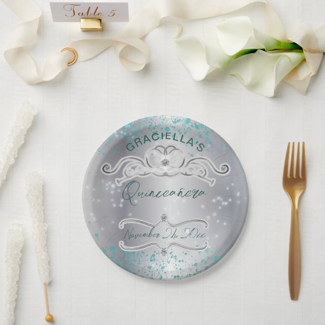Silver Teal Jewelled Tiara Quinceañera Paper Plate (Wedding)