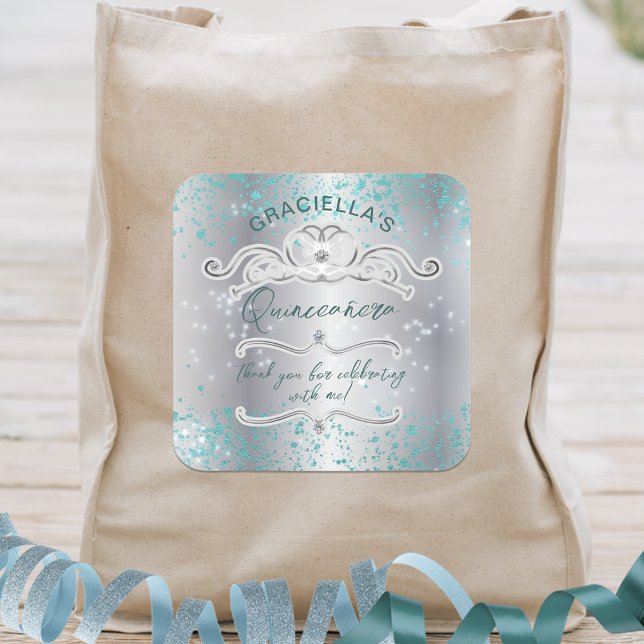 Silver Teal Jewelled Tiara Quinceañera Square Sticker (Creator Uploaded)