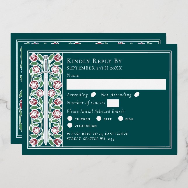 Silver Teal  Mediaeval Floral Sword Wedding RSVP (Front/Back)