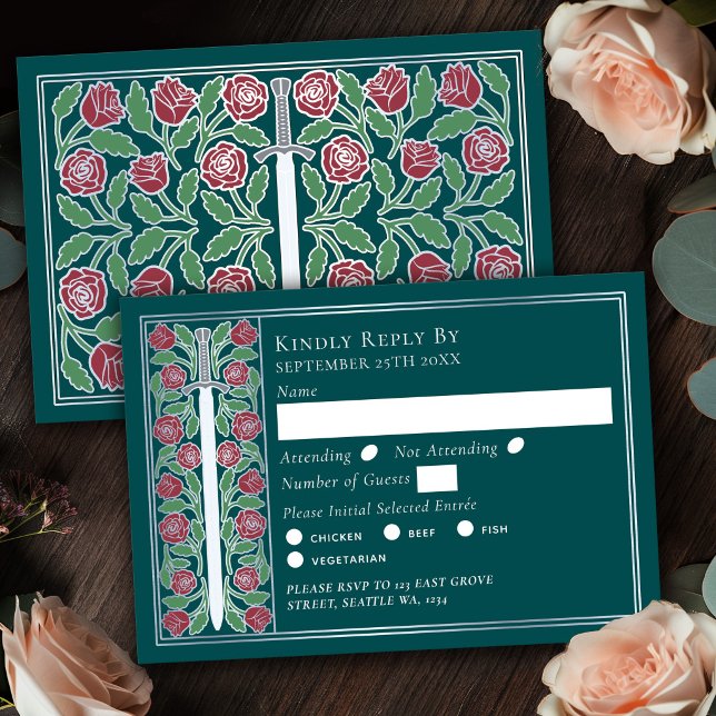 Silver Teal Mediaeval Floral Sword Wedding RSVP Card (Creator Uploaded)