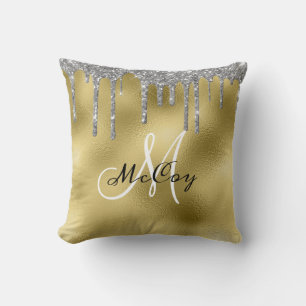 Silver Teal Metal Glitter Look Drips Monogram Thro Cushion
