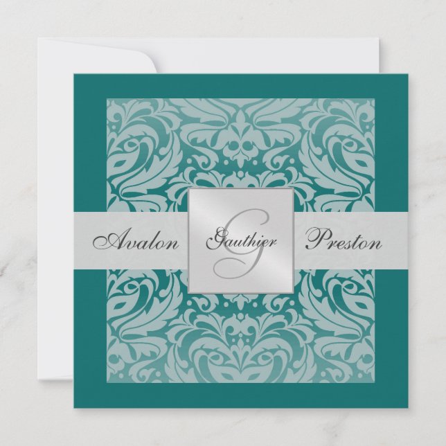 Silver & Teal Monogram Damask Border Invitation (Front)
