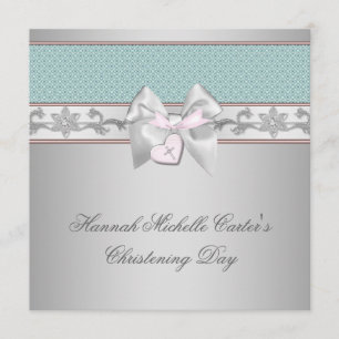 Silver Teal Pink Girls Christening Invitation