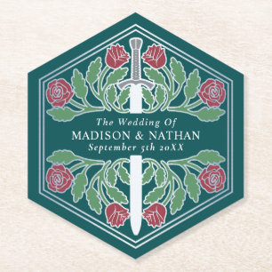 Silver Teal Royal Mediaeval Floral Sword Wedding Paper Coaster