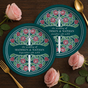 Silver Teal Royal Mediaeval Floral Sword Wedding  Paper Plate