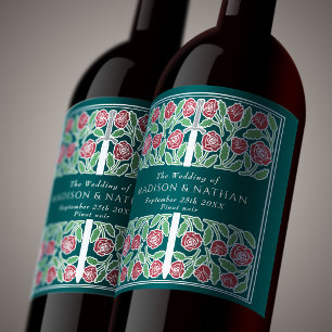 Silver Teal Royal Mediaeval Floral Sword Wedding Wine Label