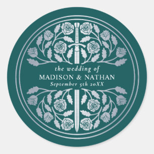 Silver Teal Royal Mediaeval Sword Wedding  Classic Round Sticker