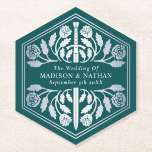 Silver Teal Royal Mediaeval Sword Wedding Paper Coaster