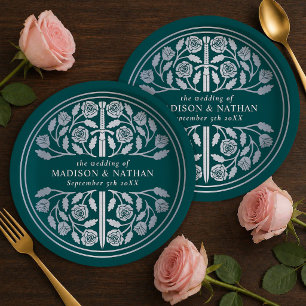 Silver Teal Royal Mediaeval Sword Wedding  Paper Plate