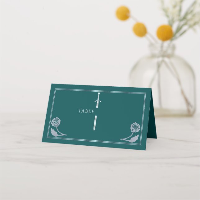 Silver Teal Royal Mediaeval Sword Wedding Place Card (Front)