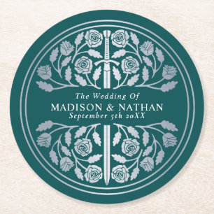 Silver Teal Royal Mediaeval Sword Wedding Round Paper Coaster