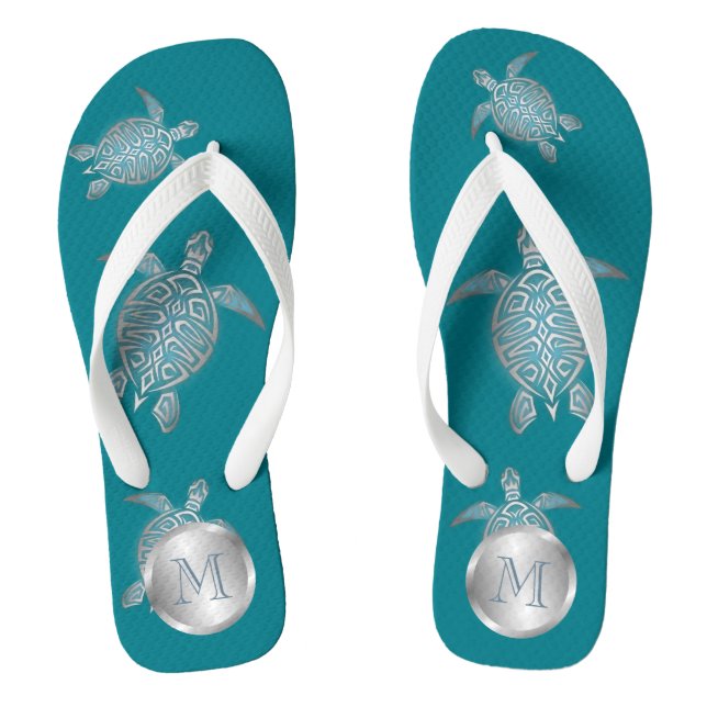 Silver Teal Sea Turtle Coastal Monogram Flip Flops (Footbed)