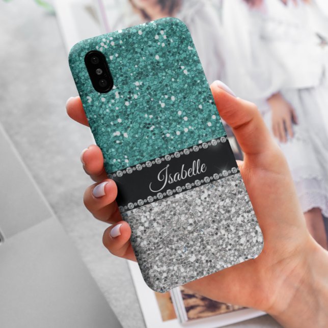 Silver Teal Sparkle Glam Bling Personalised Case-Mate iPhone Case (Creator Uploaded)