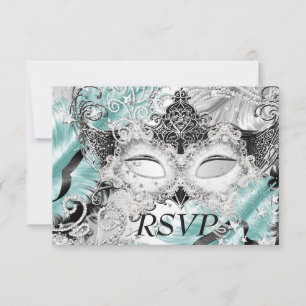 Silver Teal Sparkle Mask Masquerade Party RSVP Card