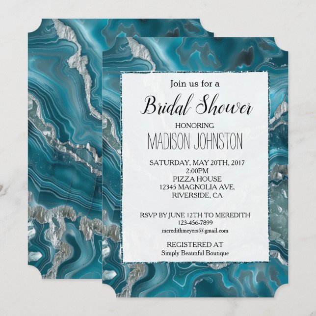 Silver Teal Turquoise Crystal Blue Bridal Shower Invitation (Front/Back)