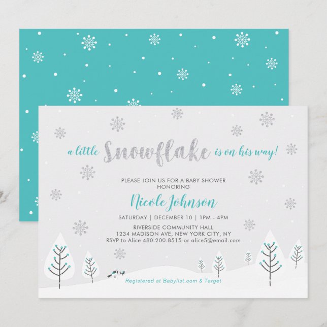 Silver & Teal Winter Wonderland Boy Baby Shower Invitation (Front/Back)