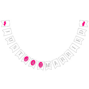 Silver text and initials, magenta hearts on white bunting 