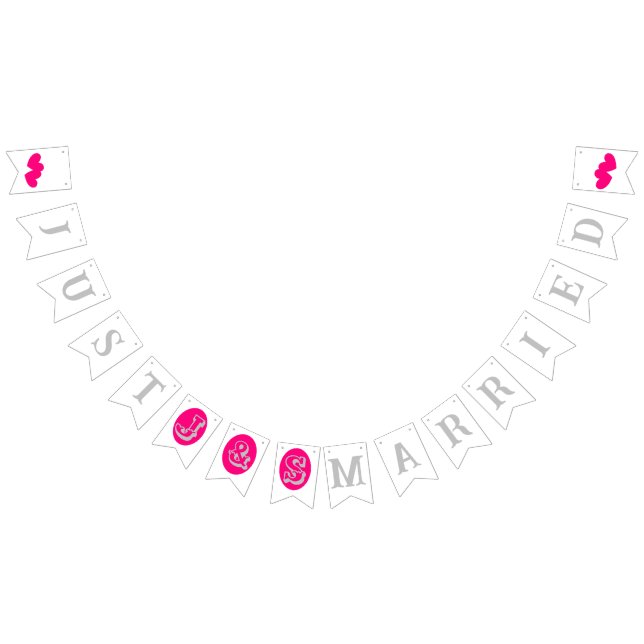 Silver text and initials, magenta hearts on white bunting  (All)