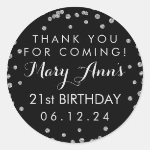 Silver Thank You 21st Birthday Confetti Black Classic Round Sticker