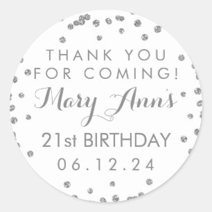 Silver Thank You 21st Birthday Confetti White Classic Round Sticker