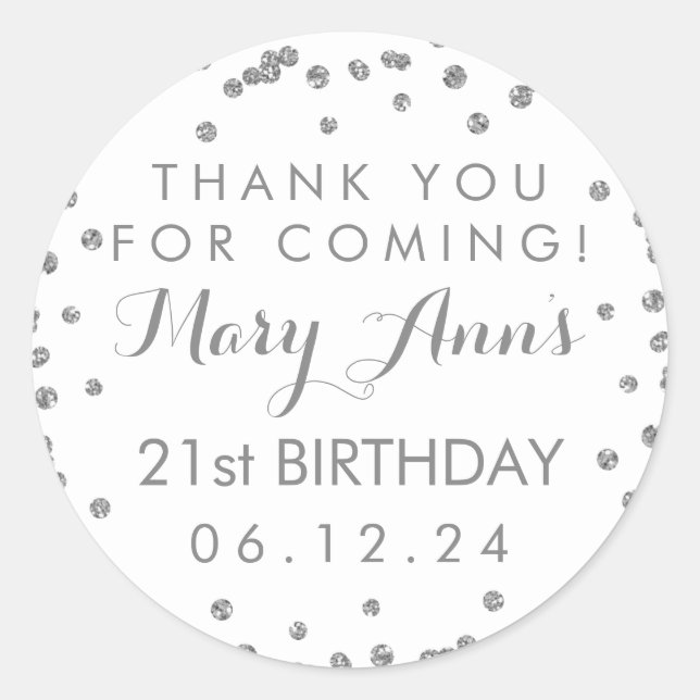 Silver Thank You 21st Birthday Confetti White Classic Round Sticker (Front)