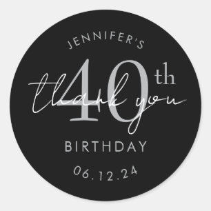 Silver "Thank You" 40th Birthday Party Black Classic Round Sticker