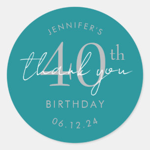Silver "Thank You" 40th Birthday Party Turquoise Classic Round Sticker