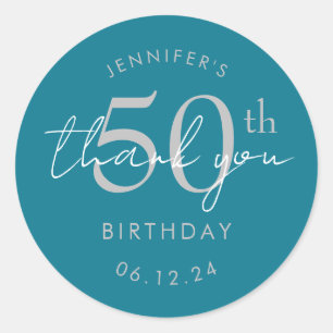 Silver "Thank You" 50th Birthday Party Turquoise Classic Round Sticker
