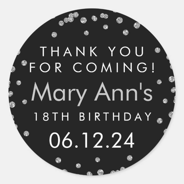 Silver Thank You Birthday Glitter Confetti Black Classic Round Sticker (Front)