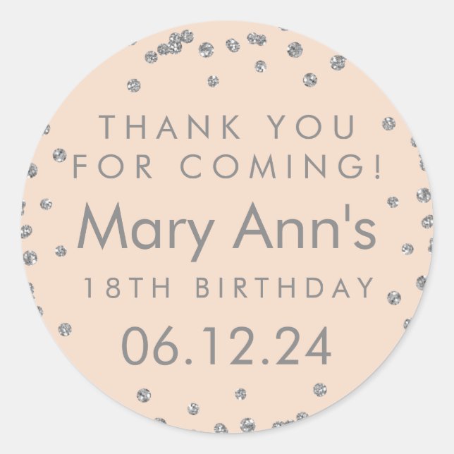 Silver Thank You Birthday Glitter Confetti Rose Classic Round Sticker (Front)
