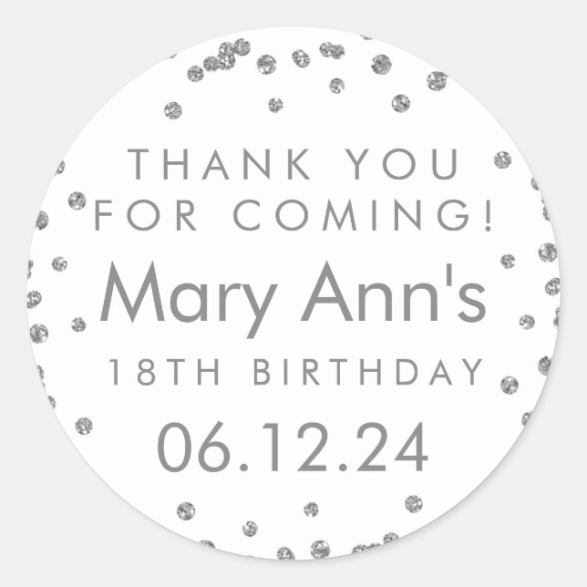 Silver Thank You Birthday Glitter Confetti White Classic Round Sticker (Front)