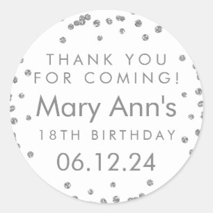 Silver Thank You Birthday Glitter Confetti White Classic Round Sticker