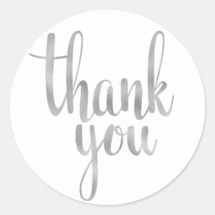 Silver thank you stickers, foil font classic round sticker