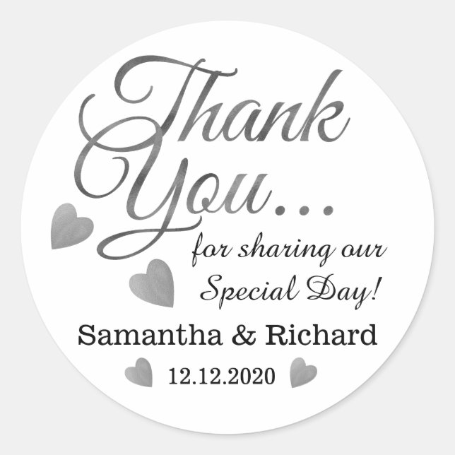Silver Thank You Wedding Favour Classic Round Sticker (Front)