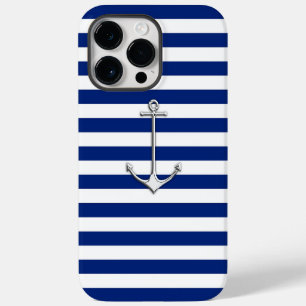 Silver Thin Anchor on Nautical Stripes iPhone 14 Pro Max Case
