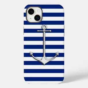 Silver Thin Anchor on Nautical Stripes iPhone 14 Plus Case